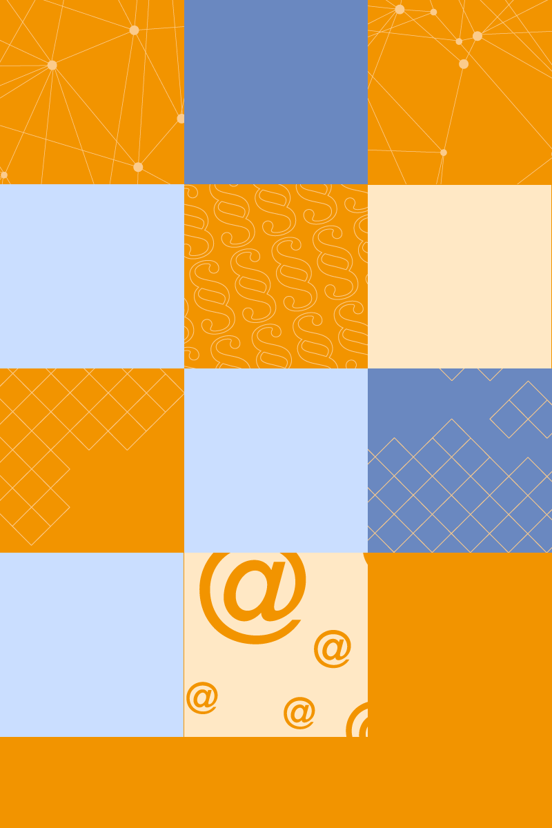 Eine kleine Collage unterschiedlicher Zeichen. Paragrafen-Symbole. @-Symbole oder zusammenbauende Kacheln.